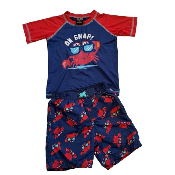 Quad Seven Rash Guard Swim Set Crab Print Red Blue SPF Protection Size 2T - Picture 2 of 5